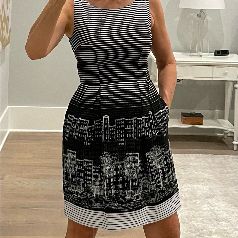 Suzi Chin for Maggie Boutique black white cityscape dress.